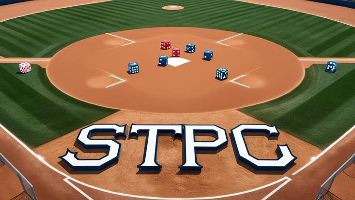 A baseball field with dice and letters